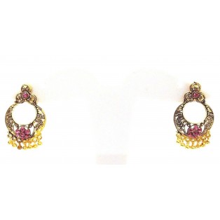 Gold Oxidized Earring Jhumka Jhumki Bali Push Back Drop Dangle - III Pink Stones